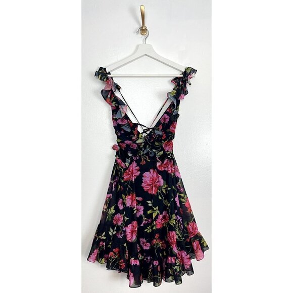 MAC DUGGAL Ruffle Cutout Lace-Up Mini Dress in Black Multi Size US 10 - Picture 2 of 9